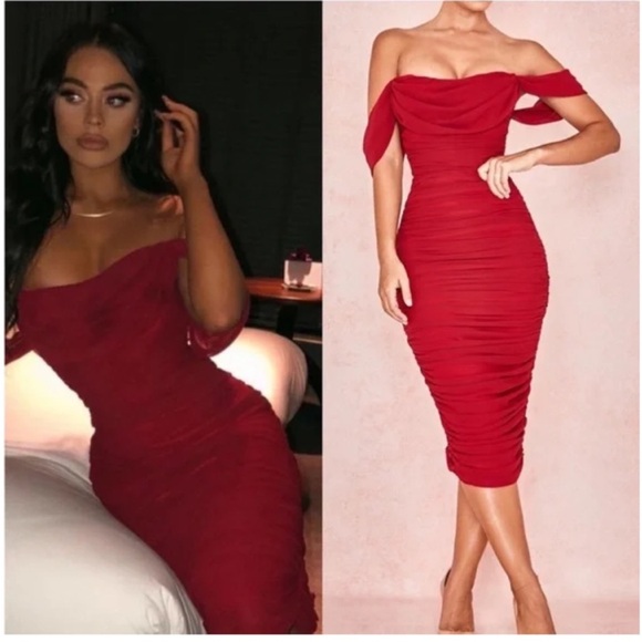 Like New House of CB Carlotta Red Ruched Off the Shoulder Midi Dress Bodycon - Picture 1 of 6